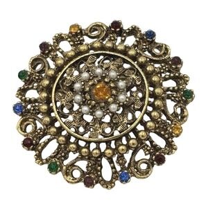 Vintage‎ Gold Tone Brooch with Multicolor Rhinestones and Faux Pearls